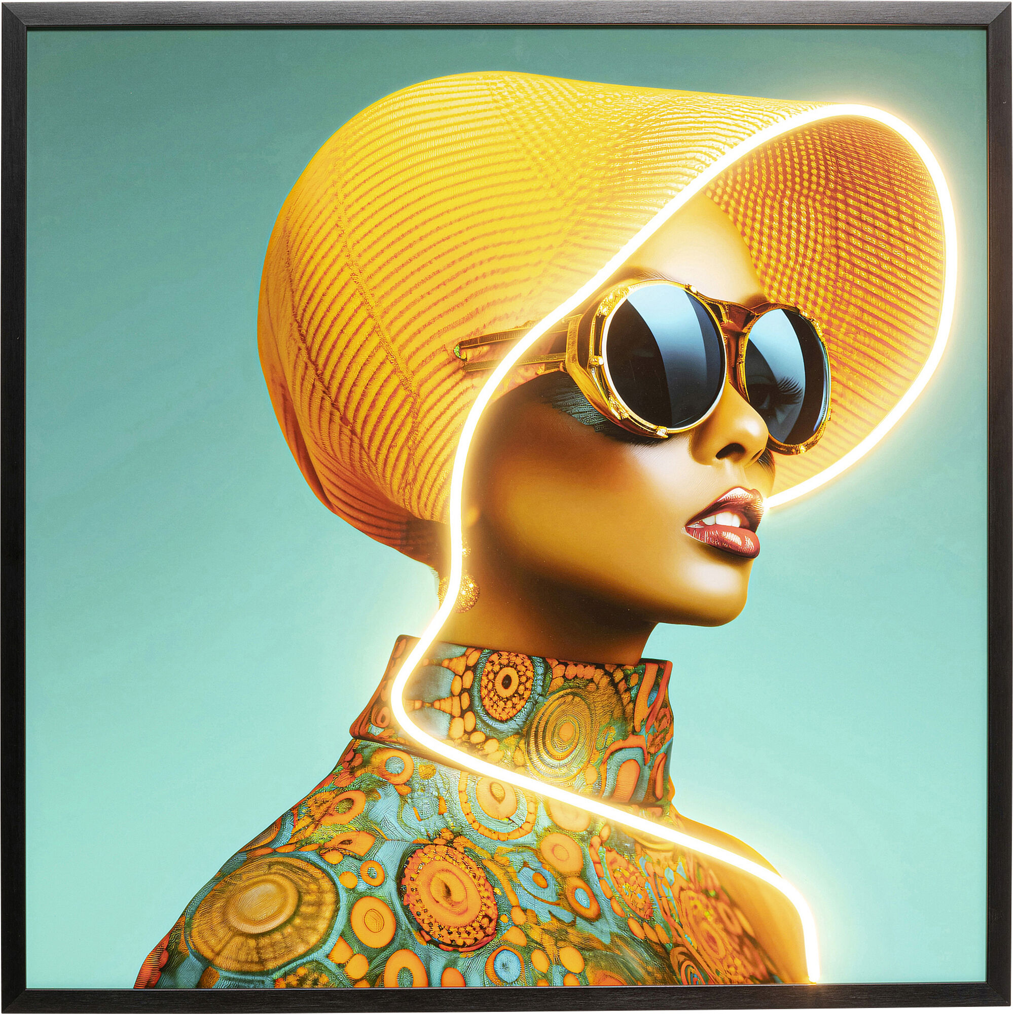 Gerahmtes Bild Sun Hat Woman Gelb LED 80x80cm – Grafik-1.